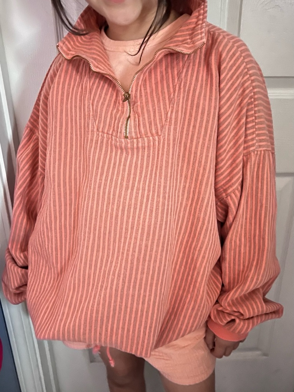 MAKE AN OFFER - By TAYLOR Coral Striped Half-Zip Cotton Pullover Beach Sweater